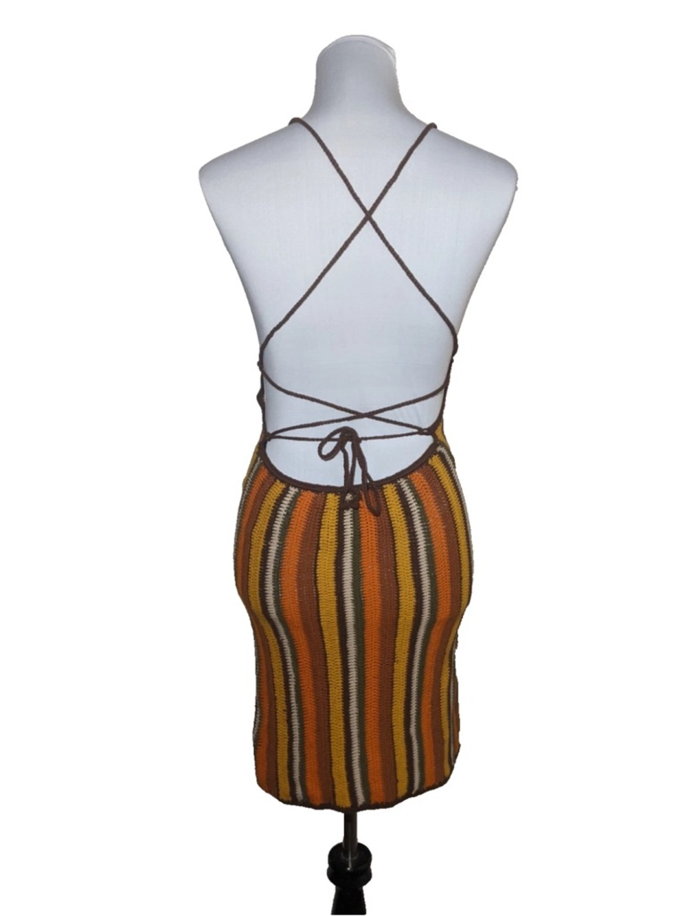 Boho Hippie Crochet Backless Dress Orange Brown Medium Festival Strappy Beach